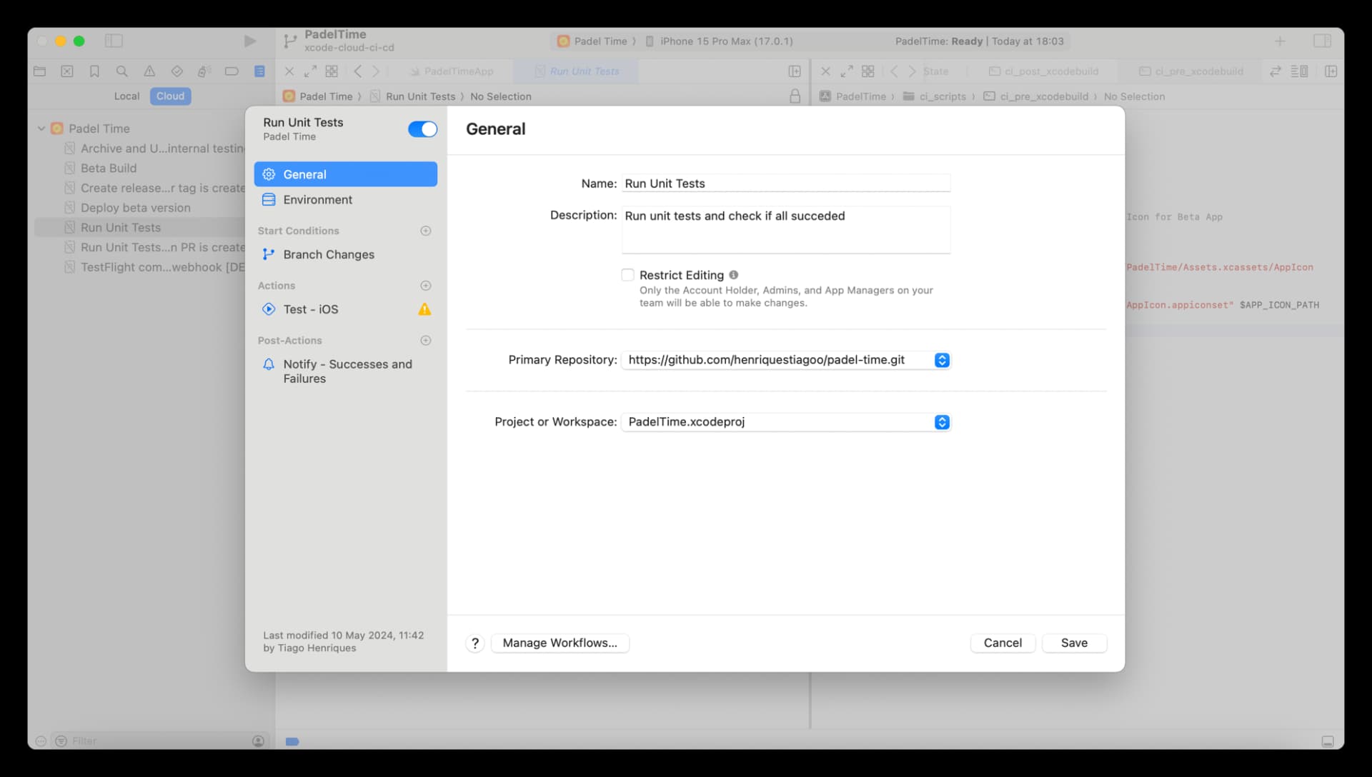 Xcode Cloud workflows for Padel Time.