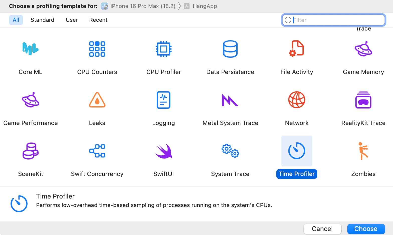 Opening Instruments in Xcode.