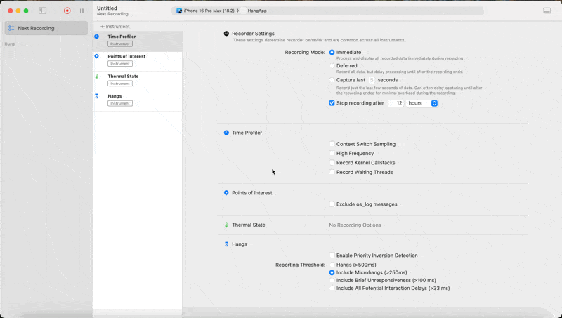 Recording a session on Instruments.